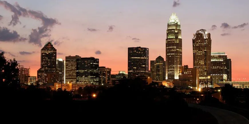 View of downtown buildings and lights.