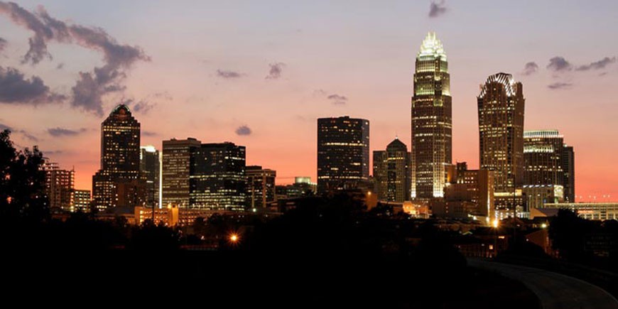 View of downtown buildings and lights.